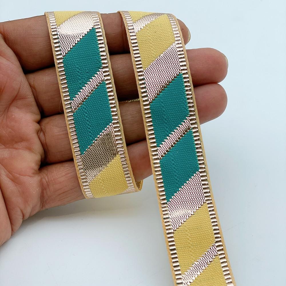 20mm Vibrant Gota Patti Lace Trim - Diagonal Color Block Border for Ethnic Wear, shown on white cotton